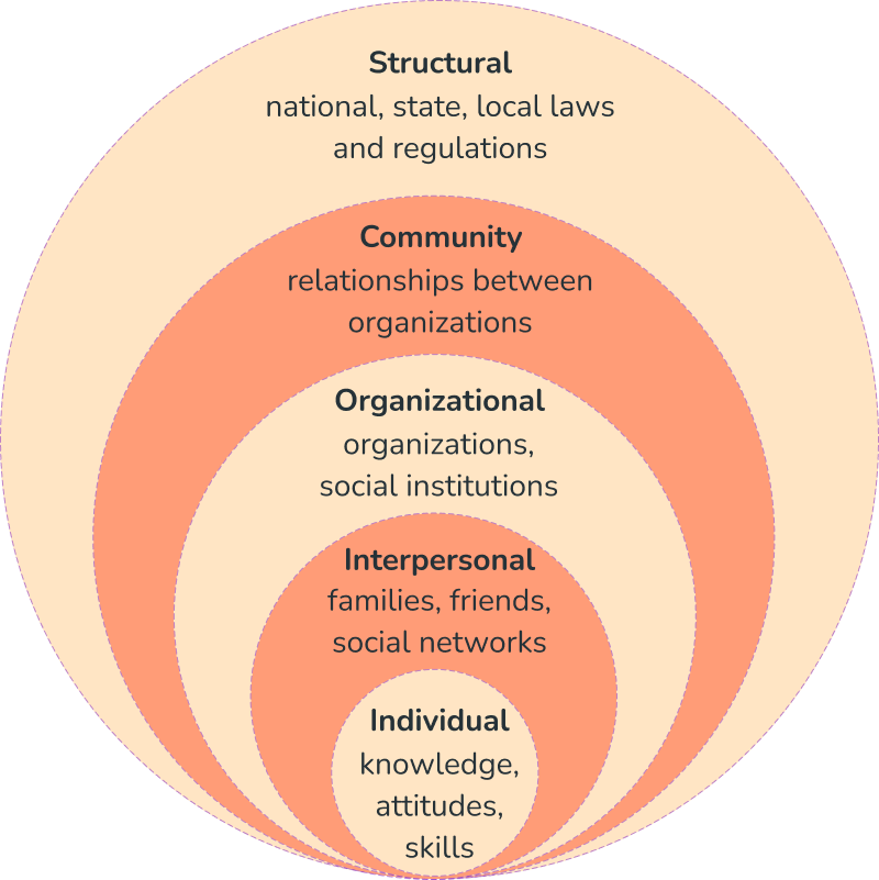 A Social Ecological Model diagram shown as five nested concentric circles. From the largest outer layer to the inner core, the levels are: Structural (laws and regulations), Community (relationships between organizations), Organizational (social institutions), Interpersonal (families and social networks), and Individual (knowledge and skills).