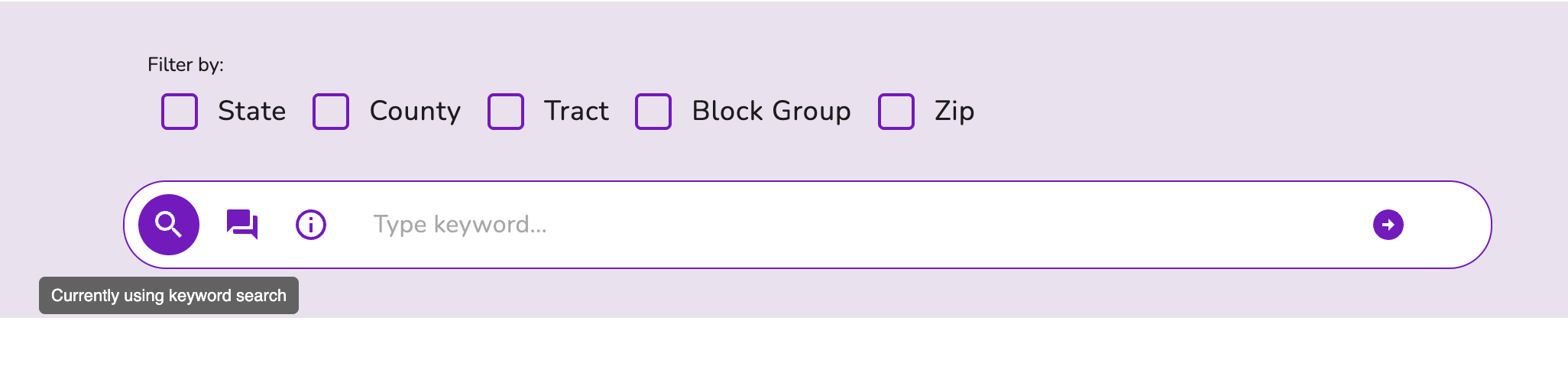 Keyword search mode in the SDOH Data Discovery Platform. User can type in terms and get suggestions or conduct search