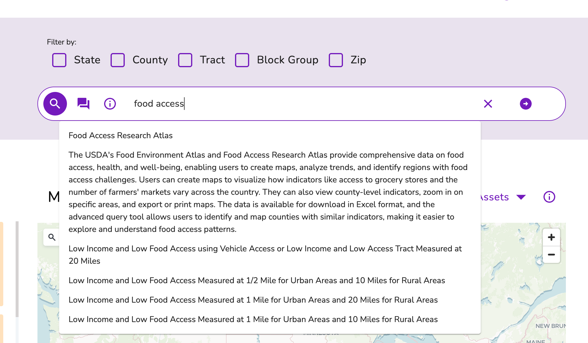 A type of “Food Access” in the keyword search mode will trigger the suggested term “Food Access Research Atlas” if user use the keyword search mode