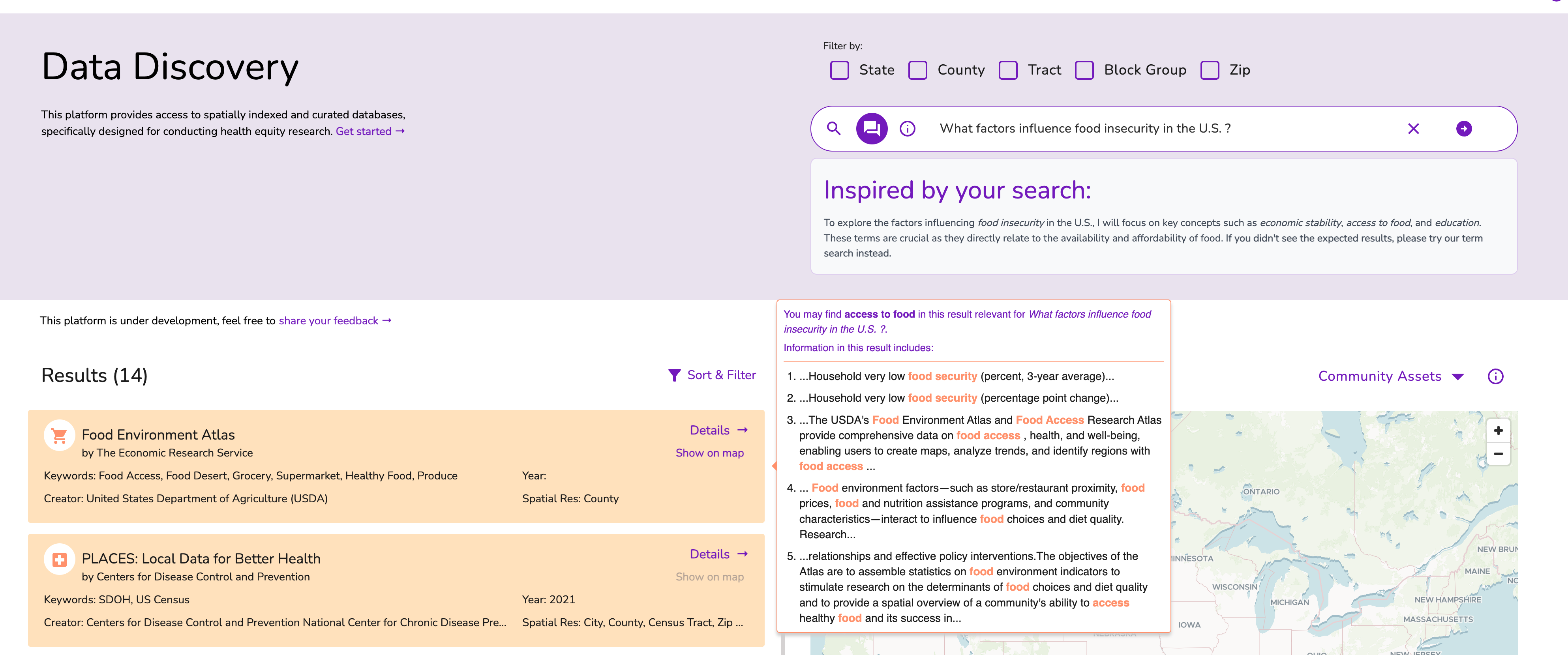 A snapshot of the results answering the question “What factors influence food insecurity in the U.S. ?” in AI-inspired search mode